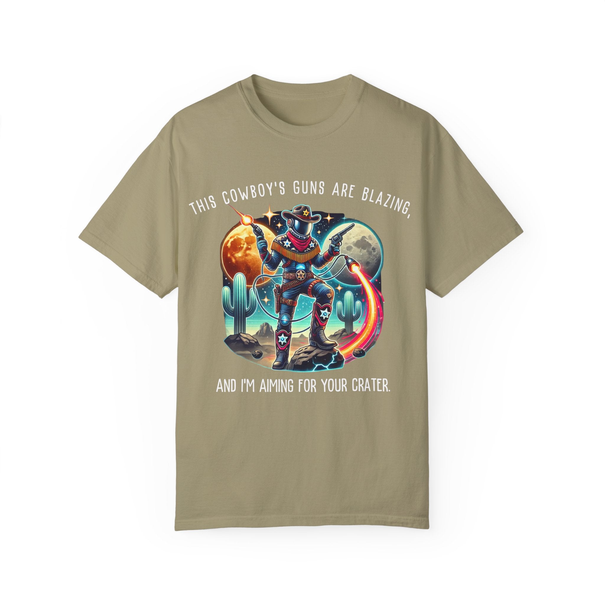 Maglietta unisex con grafica da cowboy - "Le pistole di questo cowboy sono fiammeggianti"