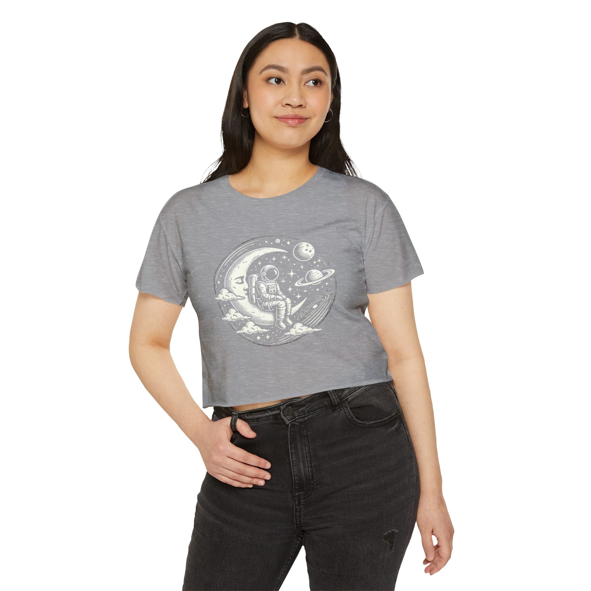 Celestial Explorer Crop Top – Maglietta vintage con astronauta e luna per gli amanti dello spazio 