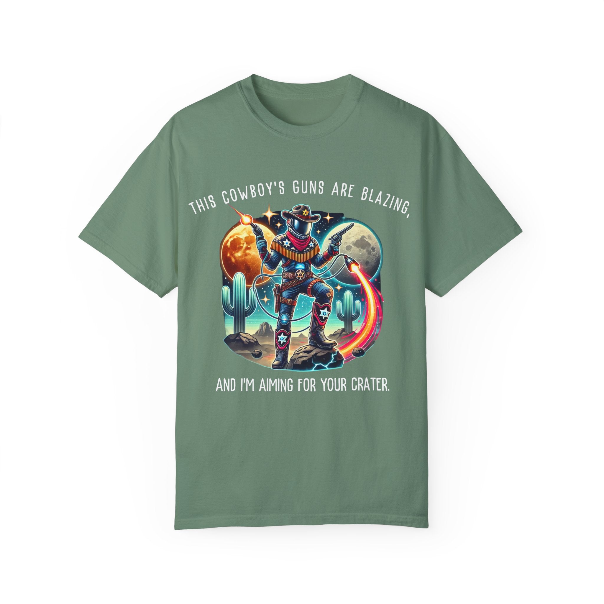 Maglietta unisex con grafica da cowboy - "Le pistole di questo cowboy sono fiammeggianti"