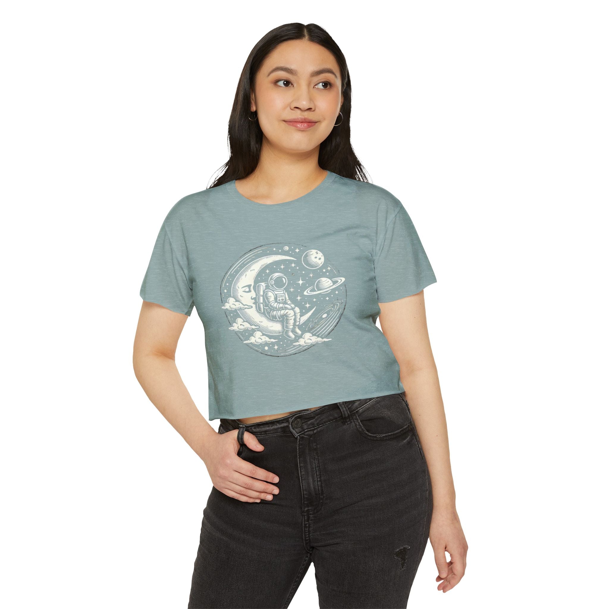 Celestial Explorer Crop Top – Maglietta vintage con astronauta e luna per gli amanti dello spazio 