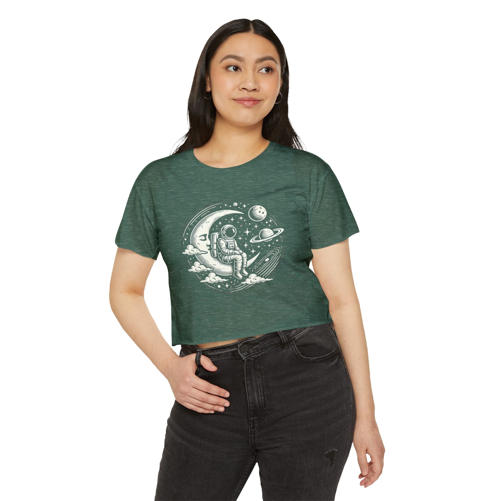 Celestial Explorer Crop Top – Maglietta vintage con astronauta e luna per gli amanti dello spazio 