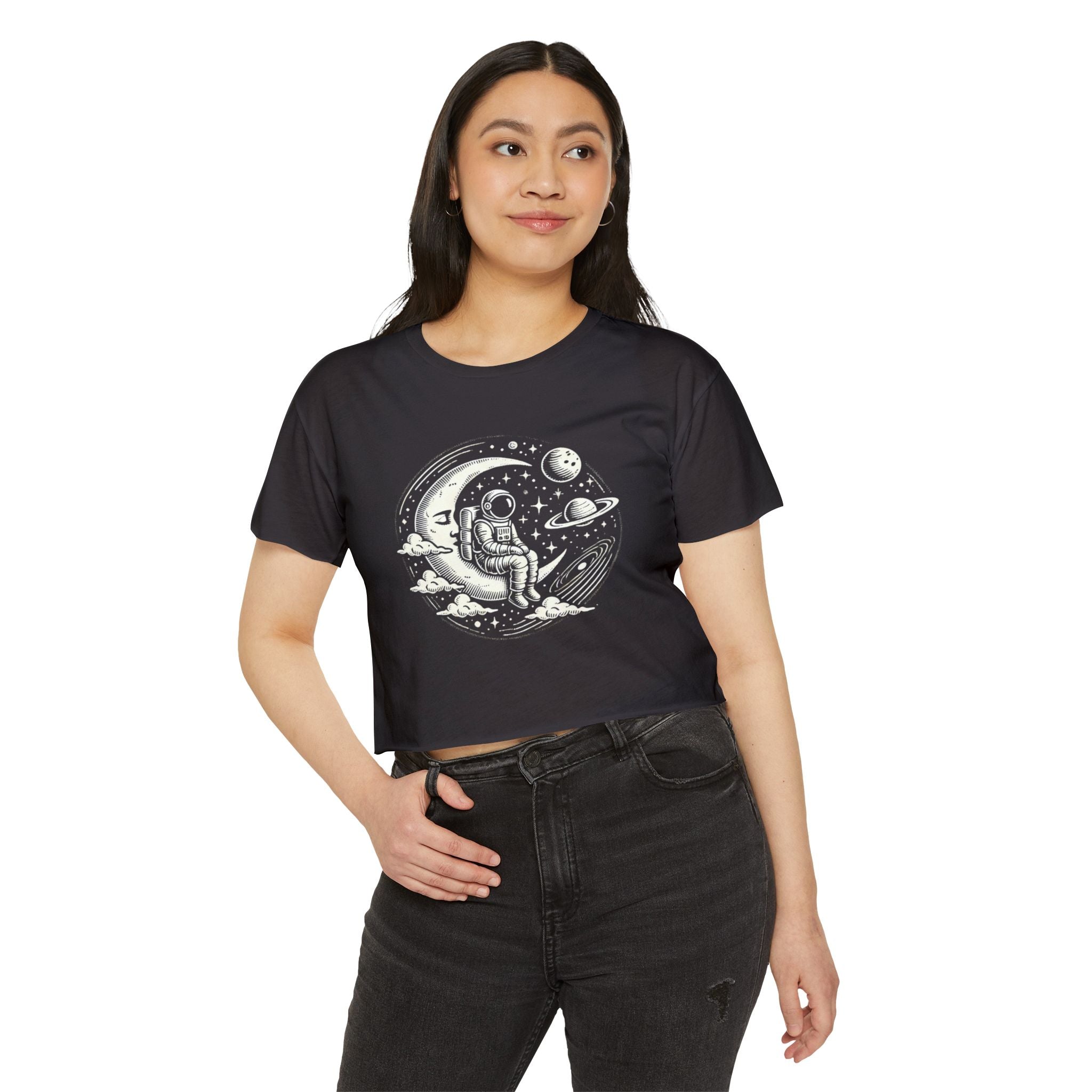 Celestial Explorer Crop Top – Maglietta vintage con astronauta e luna per gli amanti dello spazio 