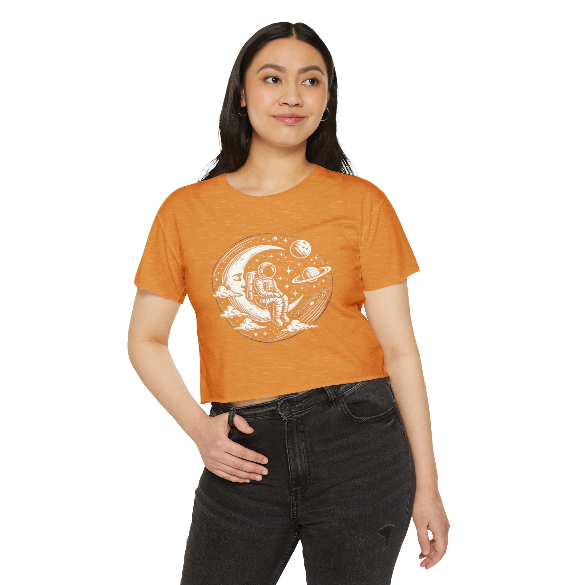 Celestial Explorer Crop Top – Maglietta vintage con astronauta e luna per gli amanti dello spazio 